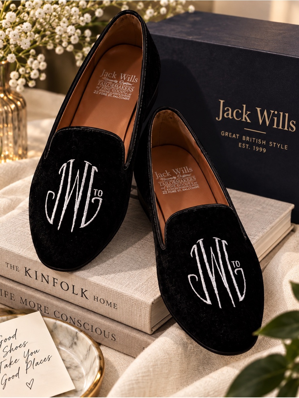 Jack Wills Black Velvet Loafers with White Embroidery